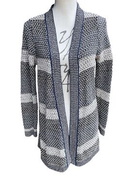 IMNYC Isaac Mizrahi Navy/White/Tan/Gold Striped Knit Sweater Cardigan (M)